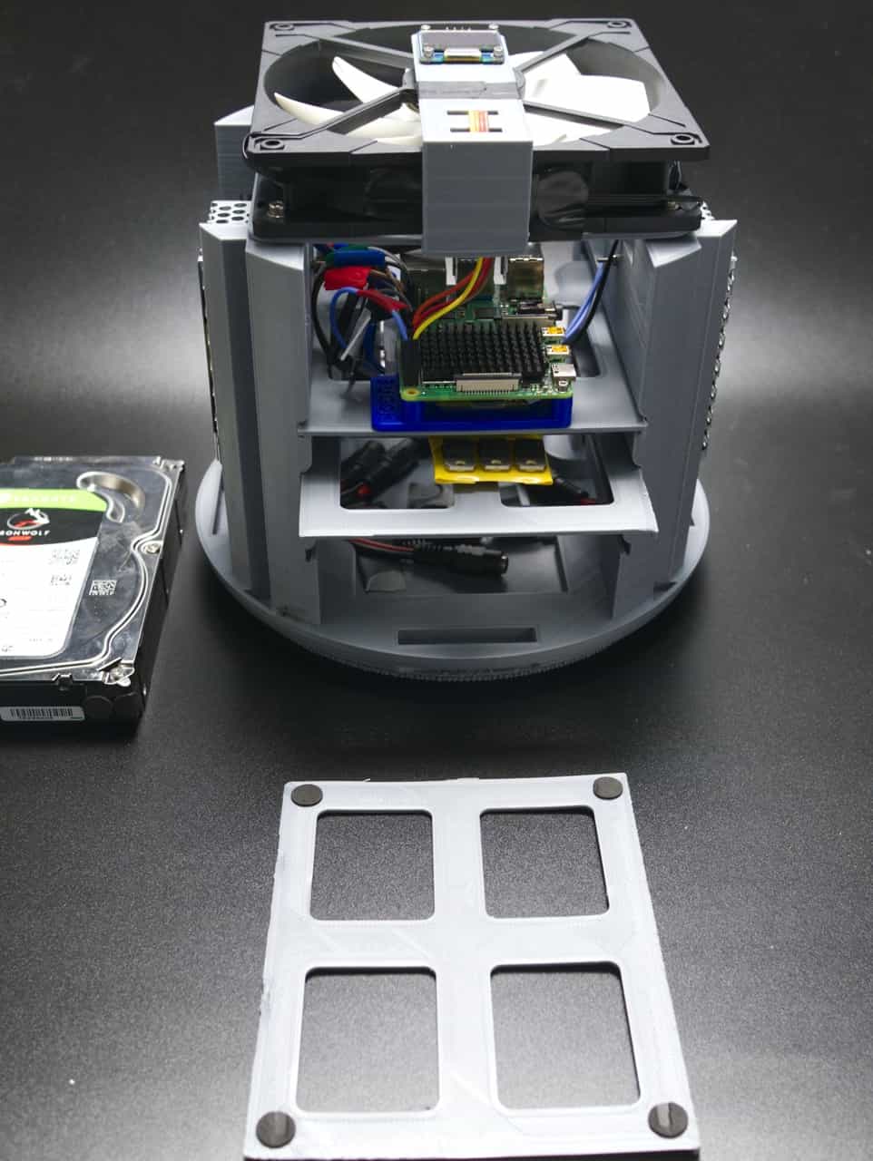 Front view showing Raspberry Pi and dc connectors in recessed cable area