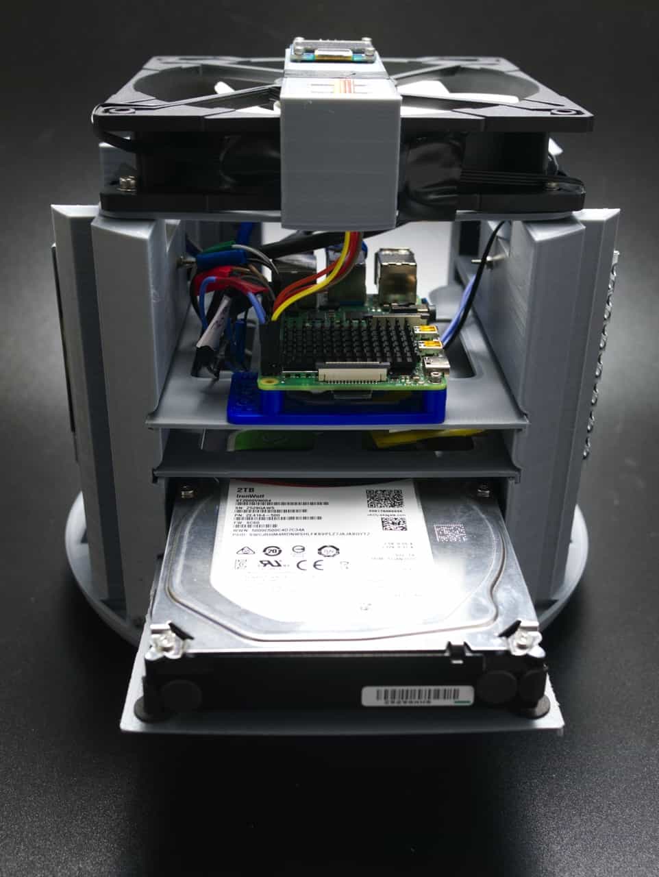 Bottom tray in place to partly cover cables