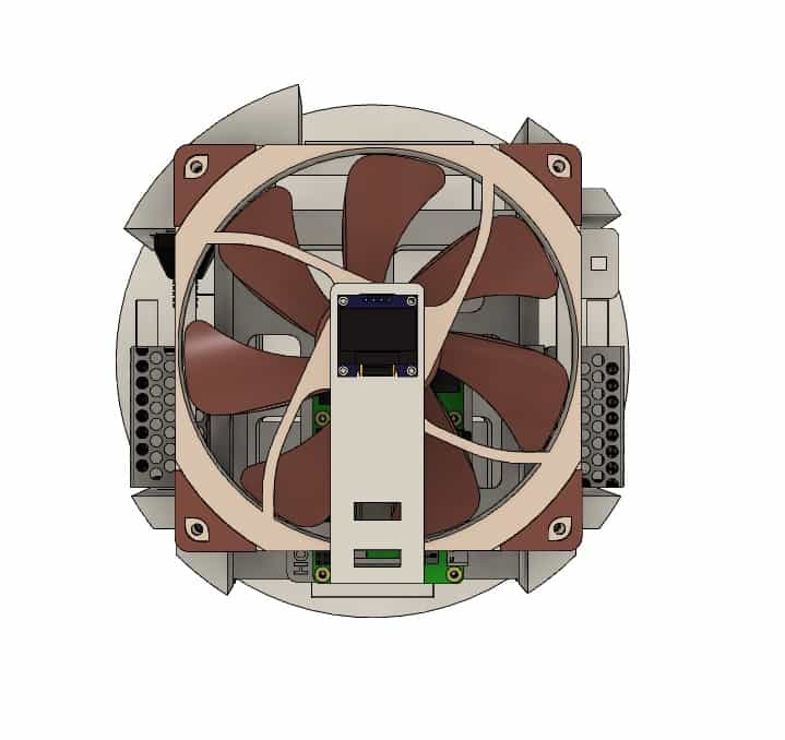 Top View showing a 140mm fan and an OLED display